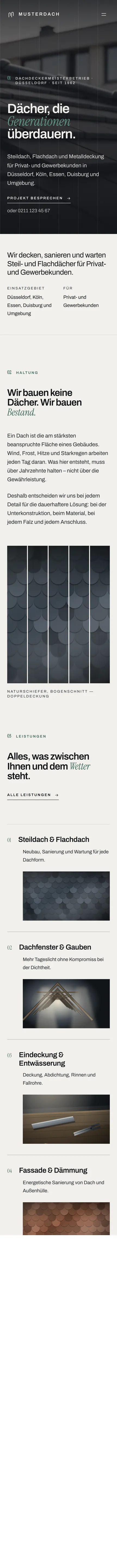 Die Dachdecker-Demo auf einem Telefon: eigenständig komponierter Hero und Anfragestrecke