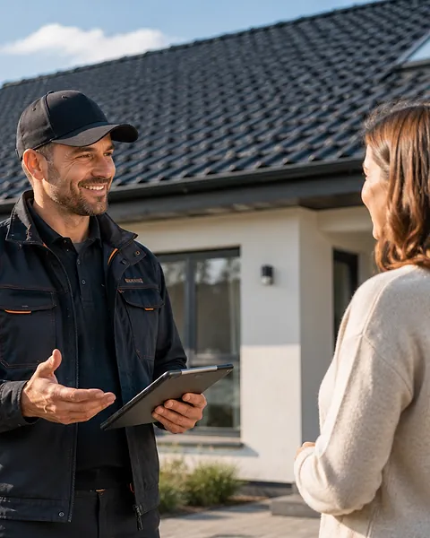 Handwerker in dunkler Arbeitsjacke im Gespräch mit einer Kundin vor einem modernen Wohnhaus mit dunklem Ziegeldach, ein Tablet in der Hand